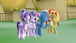 Size: 1920x1080 | Tagged: safe, artist:fusionguybrony, starlight glimmer, sunset shimmer, trixie, twilight sparkle, alicorn, pony, unicorn, g4, the cutie re-mark, 3d, counterparts, eyes closed, female, gmod, hoofbump, magical quartet, mare, ponyville, twilight sparkle (alicorn), twilight's counterparts