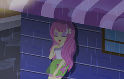 Size: 6169x3953 | Tagged: safe, artist:sumin6301, fluttershy, equestria girls, g4, absurd resolution, building, clothes, eyes closed, female, leaning, open mouth, rain, skirt, solo, tank top, wall, wet clothes