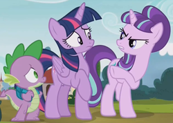 Size: 559x399 | Tagged: safe, screencap, spike, starlight glimmer, twilight sparkle, alicorn, pony, g4, the cutie re-mark, female, mare, raised hoof, s5 starlight, twilight sparkle (alicorn)