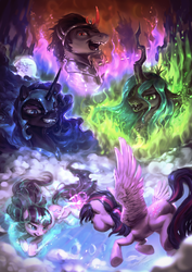 Size: 1020x1440 | Tagged: safe, artist:assasinmonkey, king sombra, nightmare moon, queen chrysalis, starlight glimmer, twilight sparkle, alicorn, pony, the cutie re-mark, cloud, epic, female, fight, glowing horn, levitation, magic, mare, mare in the moon, moon, self-levitation, telekinesis, twilight sparkle (alicorn)