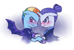 Size: 839x574 | Tagged: safe, artist:raridashdoodles, rainbow dash, rarity, pony, g4, the cutie re-mark, alternate timeline, bat wings, belligerent sexual tension, blushing, bust, female, floppy ears, lesbian, mare, night guard, night guard dash, night maid rarity, nightmare takeover timeline, sexual tension, ship:raridash, shipping, tsunderainbow, tsundere, tsunderity