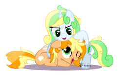 Size: 1000x610 | Tagged: safe, artist:spacechickennerd, oc, oc only, oc:chickpea, oc:snow pea, female, filly, sisters