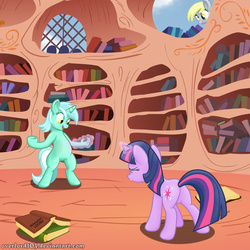 Size: 5000x5000 | Tagged: safe, artist:overlord103, derpy hooves, lyra heartstrings, twilight sparkle, pony, unicorn, g4, absurd resolution, bipedal, book, bookshelf, butt, duo, female, fingers, golden oaks library, hand, lyra's humans, magic, mare, plot, that pony sure does love hands, transformation, unicorn twilight