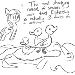Size: 726x726 | Tagged: safe, artist:tjpones, fluttershy, twilight sparkle, alicorn, duck, pegasus, pony, g4, season 5, black and white, clothes, costume, female, flutterduck, fluttershy suit, grayscale, m. night shyamalan, mare, missing horn, monochrome, op, op is fluttershy, pegasus twilight sparkle, pony costume, ponysuit, question mark, race swap, robot chicken, this explains everything, twilight sparkle (alicorn), what a twist