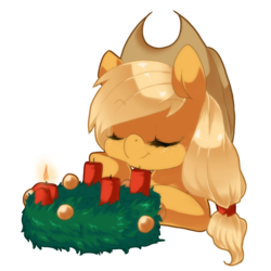 Size: 640x640 | Tagged: safe, artist:loyaldis, applejack, earth pony, pony, g4, advent wreath, candle, christmas, eyes closed, female, mare, simple background, solo, transparent background, wreath