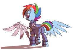 Size: 2200x1500 | Tagged: safe, artist:php104, rainbow dash, pegasus, pony, g4, the cutie re-mark, alternate timeline, amputee, apocalypse dash, artificial wings, augmented, butt, clothes, crystal war timeline, female, looking back, mare, mechanical wing, plot, prosthetic limb, prosthetic wing, prosthetics, raised leg, scar, shadow, solo, torn ear, uniform, wings