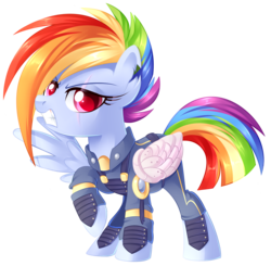 Size: 2472x2426 | Tagged: safe, artist:xnightmelody, rainbow dash, g4, the cutie re-mark, alternate timeline, amputee, apocalypse dash, artificial wings, augmented, clothes, crystal war timeline, female, gritted teeth, high res, mechanical wing, prosthetic limb, prosthetic wing, prosthetics, raised hoof, scar, simple background, solo, torn ear, transparent background, uniform, wings