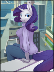 Size: 1500x2000 | Tagged: safe, artist:php41, derpibooru exclusive, rarity, anthro, g4, clothes, female, looking at you, looking back, manehattan, smiling, solo, sweater