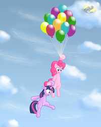 Size: 4000x5000 | Tagged: safe, artist:overlord103, derpy hooves, pinkie pie, twilight sparkle, pegasus, pony, g4, absurd resolution, balloon, female, mare, then watch her balloons lift her up to the sky