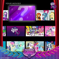 Size: 1080x1080 | Tagged: safe, applejack, bon bon, dj pon-3, fluttershy, gilda, lyra heartstrings, octavia melody, pinkie pie, rainbow dash, rarity, spike, sunset shimmer, sweetie drops, twilight sparkle, vinyl scratch, griffon, equestria girls, g4, my little pony equestria girls: friendship games, my little pony equestria girls: rainbow rocks, my little pony: friendship is magic, official, the lost treasure of griffonstone, mane six, mane six opening poses, my little pony logo, teaser