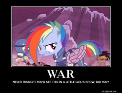 Size: 750x574 | Tagged: safe, edit, edited screencap, screencap, rainbow dash, g4, the cutie re-mark, alternate timeline, amputee, apocalypse dash, artificial wings, augmented, clothes, crystal war timeline, demotivational poster, mechanical wing, meme, motivational poster, prosthetic limb, prosthetic wing, prosthetics, scar, torn ear, uniform, wings