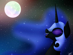 Size: 2000x1500 | Tagged: safe, artist:emerlees, nightmare moon, g4, season 5, the cutie re-mark, alternate timeline, eyes closed, fangs, female, laughing, mare in the moon, moon, night, nightmare takeover timeline, open mouth, smiling, solo, stars