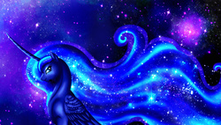 Size: 2210x1258 | Tagged: safe, artist:silverwolf866, princess luna, alicorn, pony, g4, beautiful, curved horn, dat mane, eyeshadow, female, horn, lidded eyes, long horn, looking at you, looking back, makeup, missing accessory, nebula, sitting, smiling, solo, space, starry mane, stars, wing fluff