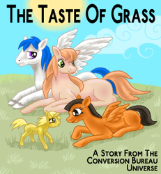 Size: 250x270 | Tagged: safe, artist:chatoyance, oc, oc only, earth pony, pegasus, pony, unicorn, fanfic:the conversion bureau, cover, fanfic, fanfic art, fanfic cover, the conversion bureau