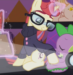 Size: 636x652 | Tagged: safe, screencap, honey lemon, moondancer, spike, dragon, pony, unicorn, g4, the cutie re-mark, cropped, cute, dancerbetes, eyes closed, fangs, female, glowing horn, horn, lecture, magic, male, mare, open mouth, projector, sitting, sleeping, smiling, snoring, spikabetes, spikelove, telekinesis