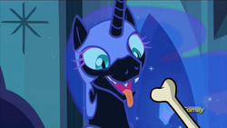 Size: 1280x720 | Tagged: safe, edit, edited screencap, screencap, nightmare moon, alicorn, pony, g4, the cutie re-mark, alternate timeline, behaving like a dog, bone, cute, cute little fangs, discovery family logo, faic, fangs, female, happy, moon moon, moonabetes, moonie snacks, nightmare takeover timeline, sharp teeth, smiling, solo, tongue out