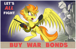 Size: 1024x663 | Tagged: safe, artist:dangercloseart, spitfire, g4, clothes, gloves, gun, ponified, poster, propaganda, war bonds, weapon, world war ii