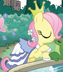Size: 927x1056 | Tagged: safe, idw, fluttershy, frog, pony, g4, spoiler:comic, clothes, costume, female, imminent kissing, mare, outfit catalog, the frog prince