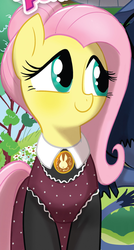 Size: 1052x1969 | Tagged: safe, idw, fluttershy, g4, spoiler:comic, american gothic, clothes, costume, female, outfit catalog, solo