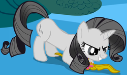 Size: 1062x624 | Tagged: safe, screencap, rarity, pony, unicorn, g4, the return of harmony, discorded, discorded landscape, element of kindness, female, greedity, mare, outfit catalog, solo