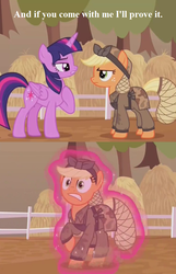 Size: 682x1062 | Tagged: safe, screencap, applejack, twilight sparkle, alicorn, earth pony, pony, g4, the cutie re-mark, alternate timeline, applecalypsejack, crystal war timeline, magic, magical encouragement, sweet apple acres, text, twilight sparkle (alicorn)