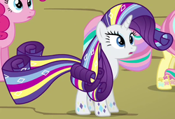 Size: 539x367 | Tagged: safe, screencap, fluttershy, pinkie pie, rarity, g4, twilight's kingdom, outfit catalog, rainbow power