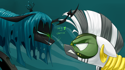 Size: 1920x1080 | Tagged: safe, artist:underpable, queen chrysalis, zecora, changeling, changeling queen, zebra, g4, the cutie re-mark, alternate timeline, angry, chrysalis resistance timeline, dialogue, duo, female, floppy ears, frown, grin, gritted teeth, lidded eyes, looking at each other, mask, resistance leader zecora, smug, smug bug