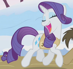 Size: 388x365 | Tagged: safe, screencap, doctor whooves, rarity, time turner, pony, unicorn, g4, winter wrap up, animal team, clothes, cropped, eyes closed, female, male, mare, open mouth, outfit catalog, singing, solo, stallion, vest, winter wrap up song, winter wrap up vest