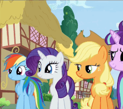 Size: 500x443 | Tagged: safe, screencap, applejack, rainbow dash, rarity, starlight glimmer, twilight sparkle, alicorn, pony, g4, the cutie re-mark, animated, female, friends are always there for you, mare, singing, twilight sparkle (alicorn), wink