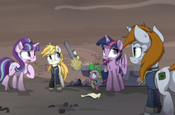 Size: 3507x2305 | Tagged: dead source, safe, artist:mistydash, spike, starlight glimmer, twilight sparkle, oc, oc:littlepip, oc:misty dash, alicorn, dragon, pony, unicorn, fallout equestria, g4, the cutie re-mark, alternate timeline, ashlands timeline, barren, butt, clothes, dialogue, fanfic, fanfic art, female, glowing horn, gun, high res, hooves, horn, implied genocide, injured, jumpsuit, levitation, magic, mare, open mouth, optical sight, pipbuck, plot, post-apocalyptic, raised hoof, telekinesis, time travel, twilight sparkle (alicorn), vault suit, wasteland, weapon, wings