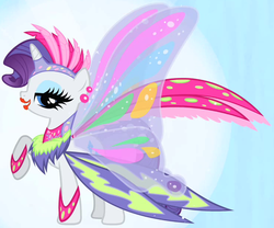 Size: 738x613 | Tagged: safe, screencap, rarity, pony, unicorn, g4, sonic rainboom (episode), and then there's rarity, artificial wings, augmented, clothes, dress, fashion disaster, female, glimmer wings, gossamer wings, irony, magic, magic wings, makeup, mare, outfit catalog, raised hoof, rarara, solo, tacky, wings