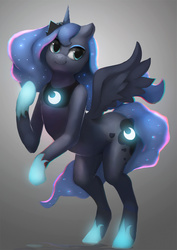 Size: 900x1273 | Tagged: safe, artist:deruruu, princess luna, alicorn, pony, g4, female, human shoulders, rearing, smiling, solo, spread wings