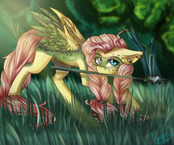 Size: 2400x2000 | Tagged: safe, artist:tendergamer, fluttershy, pegasus, pony, g4, the cutie re-mark, alternate timeline, chrysalis resistance timeline, female, high res, looking at you, mouth hold, solo, spear, spread wings, tribalshy, weapon