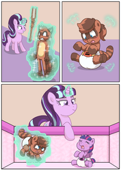 Size: 883x1248 | Tagged: safe, artist:artiecanvas, starlight glimmer, twilight sparkle, oc, oc:radix, raccoon, anthro, g4, age regression, crying, diaper, furry, non-mlp oc, poofy diaper, twilight sparkle (alicorn)