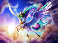 Size: 5191x3831 | Tagged: safe, artist:kayas-kosmos, princess celestia, g4, absurd resolution, dawn, female, flying, magic, solo, sunrise, twilight (astronomy)