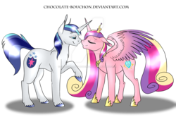 Size: 2400x1598 | Tagged: safe, artist:chocolate-bouchon, princess cadance, shining armor, g4, female, male, nuzzling, raised hoof, ship:shiningcadance, shipping, simple background, smiling, spread wings, straight, transparent background, watermark