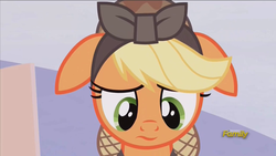 Size: 1280x720 | Tagged: safe, screencap, applejack, g4, the cutie re-mark, alternate timeline, applecalypsejack, crystal war timeline, discovery family logo, floppy ears, sad