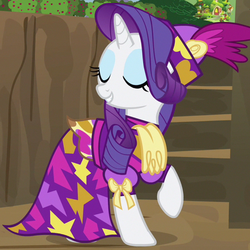 Size: 574x574 | Tagged: safe, screencap, rarity, pony, unicorn, dragon quest, g4, camouflage, clothes, cropped, dress, female, hat, mare, outfit catalog, raised hoof, solo