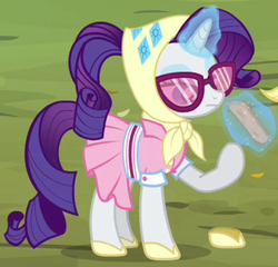 Size: 310x297 | Tagged: safe, screencap, rarity, g4, sleepless in ponyville, alternate hairstyle, camping outfit, clothes, dress, female, magic, outfit catalog, ponytail, solo, sunglasses, telekinesis