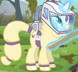 Size: 721x667 | Tagged: safe, screencap, rarity, pony, unicorn, bats!, g4, cropped, female, hazmat suit, magic, magic aura, mare, outfit catalog, solo, telekinesis