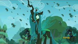 Size: 1920x1080 | Tagged: safe, screencap, queen chrysalis, changeling, changeling queen, g4, my little pony: friendship is magic, season 5, the cutie re-mark, alternate timeline, armor, changeling officer, chrysalis resistance timeline, discovery family logo, female, flying