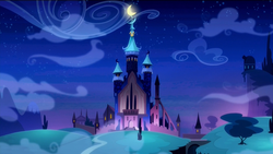 Size: 1920x1080 | Tagged: safe, screencap, g4, the cutie re-mark, alternate timeline, background, building, castle, castle of the royal pony sisters, crescent moon, moon, night, nightmare takeover timeline, no pony, observatory, scenery, tree