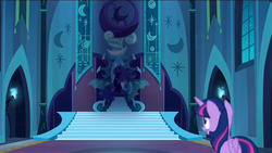 Size: 1920x1080 | Tagged: safe, screencap, nightmare moon, twilight sparkle, alicorn, pony, g4, the cutie re-mark, alternate timeline, castle of the royal pony sisters, female, mare, nightmare takeover timeline, throne, twilight sparkle (alicorn)