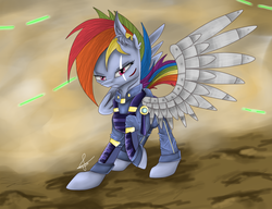 Size: 1300x1000 | Tagged: safe, artist:charlottelanoire, rainbow dash, pony, g4, the cutie re-mark, alternate timeline, amputee, apocalypse dash, artificial wings, augmented, crystal war timeline, female, mechanical wing, prosthetic limb, prosthetic wing, prosthetics, scar, solo, torn ear, wings
