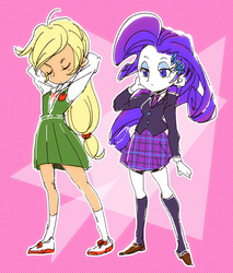 Size: 681x800 | Tagged: safe, artist:hacha, applejack, rarity, equestria girls, g4, clothes, pixiv, school uniform