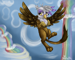 Size: 1485x1188 | Tagged: safe, artist:wildheart-wolfsong, gilda, griffon, g4, the lost treasure of griffonstone, female, flight camp, flying, gildadorable, solo, younger