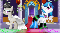 Size: 1024x572 | Tagged: safe, artist:aliceandamy, dj pon-3, fluttershy, octavia melody, soarin', vinyl scratch, pony, g4, alternate hairstyle, bedroom eyes, clothes, cute, dress, earring, eyeshadow, food, gala dress, grand galloping gala, makeup, pie, piercing