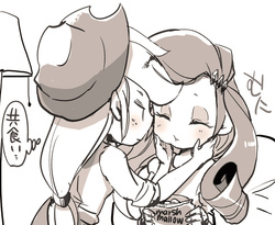 Size: 700x573 | Tagged: safe, artist:hacha, applejack, rarity, equestria girls, g4, blushing, cute, female, food, japanese, lesbian, marshmallow, monochrome, pixiv, raribetes, rarity is a marshmallow, ship:rarijack, shipping, translated in the comments