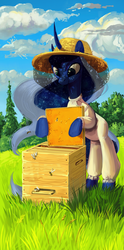 Size: 596x1200 | Tagged: safe, artist:lis-alis, princess luna, alicorn, bee, pony, g4, bee box, beehive, beekeeper, curved horn, female, hat, honeycomb (structure), horn, looking at something, mare, solo, straw hat