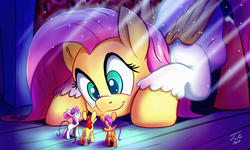 Size: 1500x899 | Tagged: safe, artist:tsitra360, apple bloom, fluttershy, scootaloo, sweetie belle, earth pony, mouse, mouse pony, pegasus, pony, unicorn, g4, adorabloom, cinderella, cindershy, clothes, crossover, cute, cutealoo, cutie mark crusaders, diasweetes, disney, micro, mousified, nightgown, parody, pinkie tales, shyabetes, signature, size difference, species swap